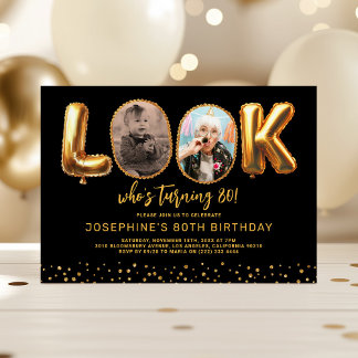 Look Who's 80 Black Gold Photo Eighty Birthday Einladung
