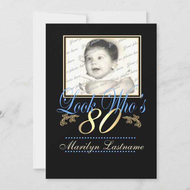Look Who's 80 Foto Blue Gold Einladung (Vorderseite)