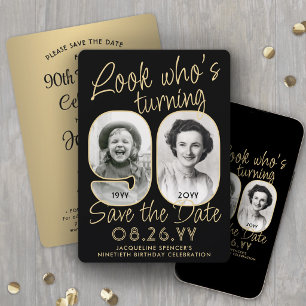 Look Who's 90 Black & Gold 2 Foto Geburtstagsparty Save The Date