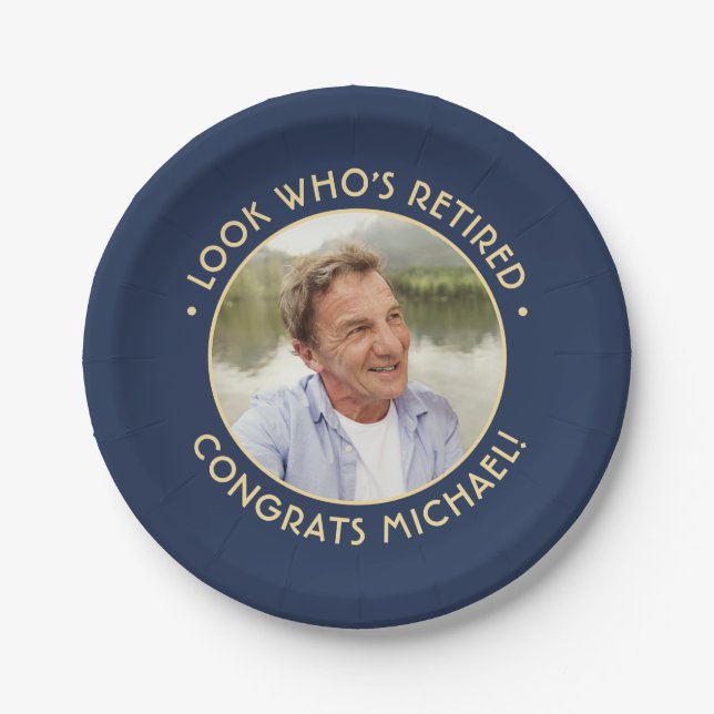 Look Who's Rent Navy and Gold Rentirement Foto Pappteller (Vorderseite)