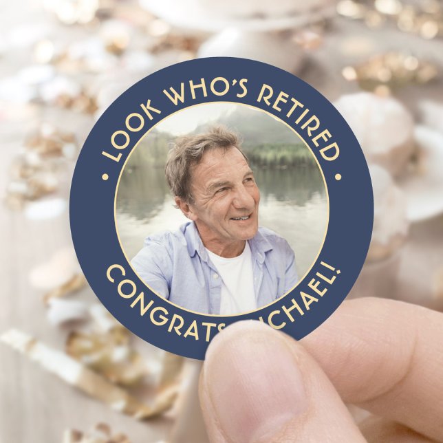 Look Who's Rent Navy and Gold Rentirement Foto Runder Aufkleber (Von Creator hochgeladen)