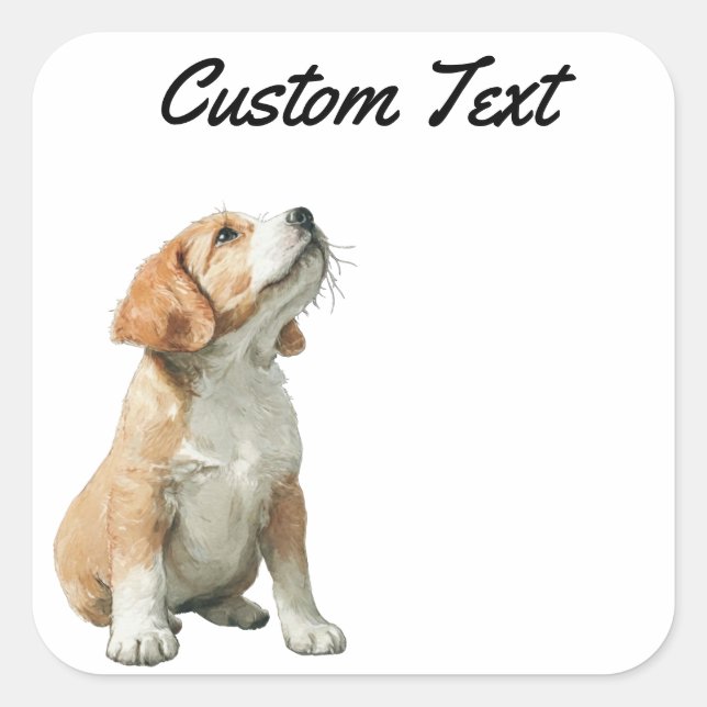 Looking Up Puppy-2 | Personalized Custom Text Quadratischer Aufkleber (Vorderseite)