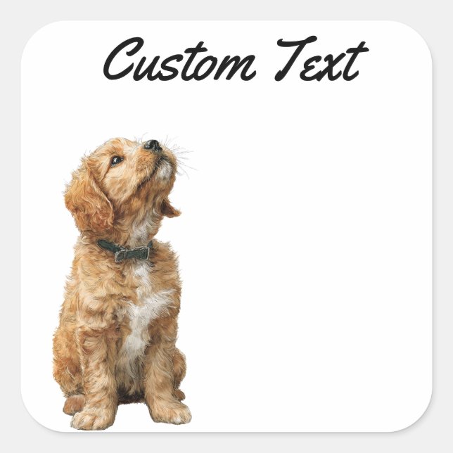 Looking Up Puppy-3 | Personalized Custom Text Quadratischer Aufkleber (Vorderseite)