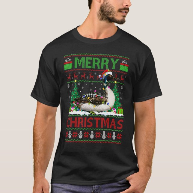 Loon Bird  Xmas Tree Lights Ugly Santa Loon Christ T-Shirt (Vorderseite)