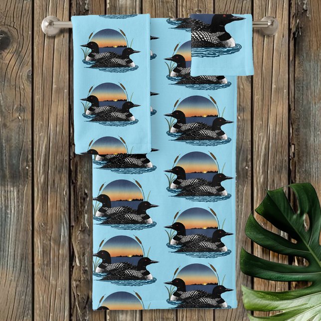 Loon Couple Sunset Blue Badhandtuch Set (Von Creator hochgeladen)