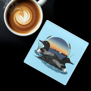 Loon Couple Sunset Blue Glasuntersetzer