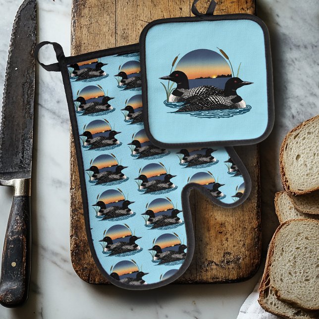 Loon Couple Sunset Blue Ofenhandschuh & Topflappen-Set (Von Creator hochgeladen)