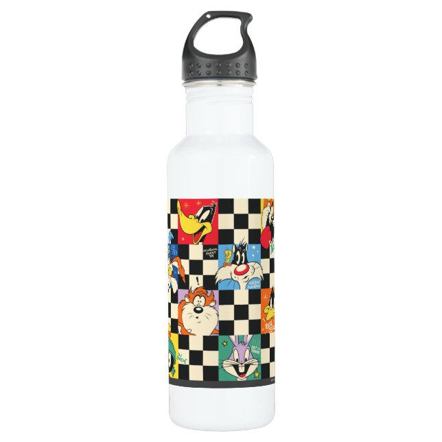 LOONEY TUNES™ Zeichen auf Schwarz/Weiß-Schachbrett Edelstahlflasche (Vorderseite)
