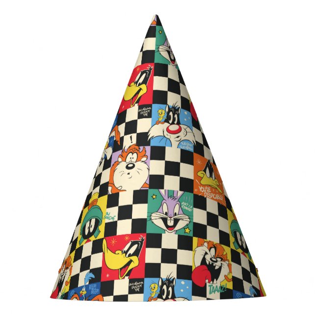 LOONEY TUNES™ Zeichen auf Schwarz/Weiß-Schachbrett Partyhütchen (Vorderseite)