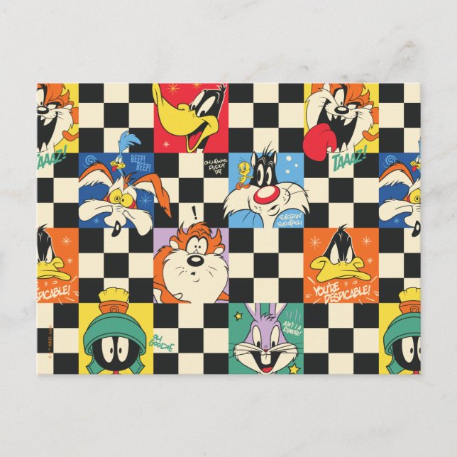 LOONEY TUNES™ Zeichen auf Schwarz/Weiß-Schachbrett Postkarte (Vorderseite)