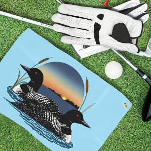 Loons Couple Sunset Blue Golfhandtuch
