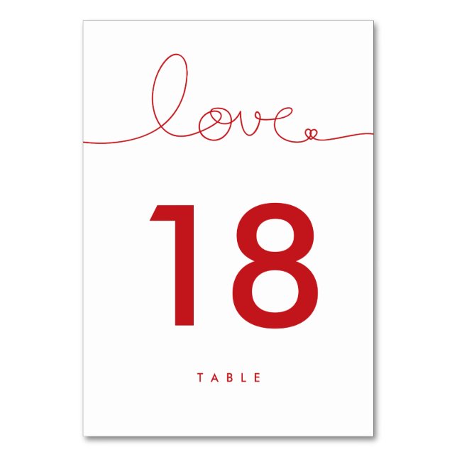 Loopy Liebe Red Heart Wedding Tischnummer Card (Vorderseite)