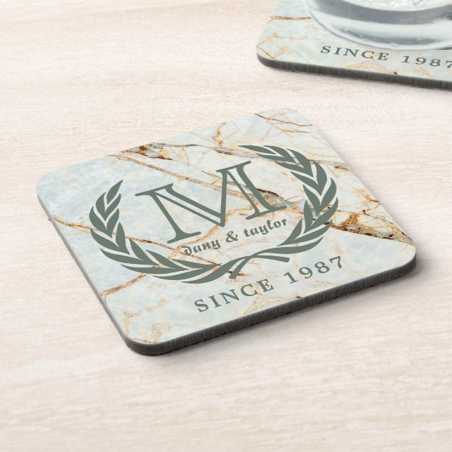 Lorbeer-Blatt-klassisches Monogramm-schöner Marmor Untersetzer (Linke Seite)