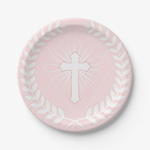 Lorbeer, Kreuz, rosa religiöses Pappteller