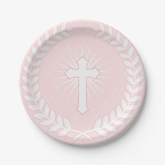 Lorbeer, Kreuz, rosa religiöses Pappteller (Vorderseite)
