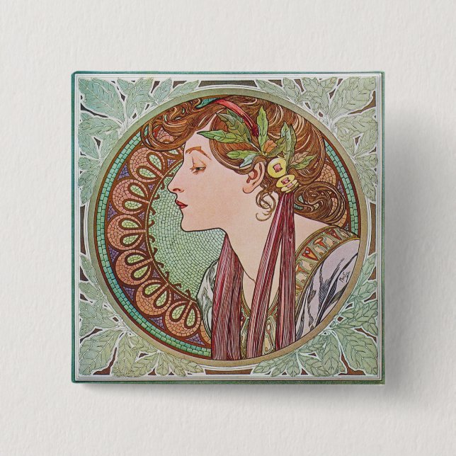 Lorbeer-Kunst Nouveau Alphonse Mucha quadratischer Button (Vorderseite)