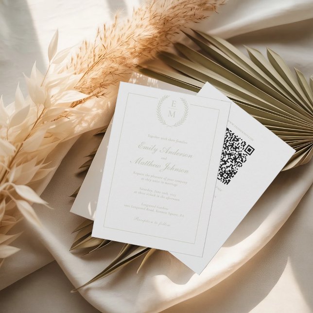 Lorbeer-Monogramm-Hochzeitseinladung mit QR-Code  Einladung (Von Creator hochgeladen)