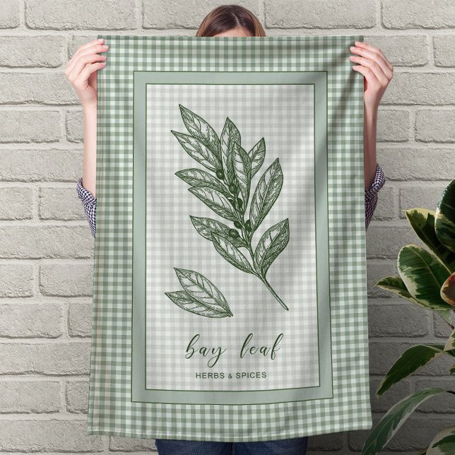Lorbeerblatt-Küchenhandtuch – grüne Gingham-Grenze Geschirrtuch (Bay Leaf Herb Kitchen Towel – Green Gingham Border)