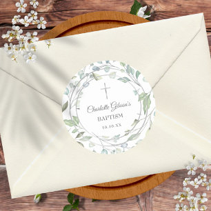 Lorbeerkranz Faux Silber Taufe Christening Runder Aufkleber
