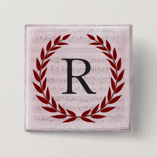 Lorbeerkranz Notenblatt Monogramm Anfangsbuchstabe Button (Vorderseite)