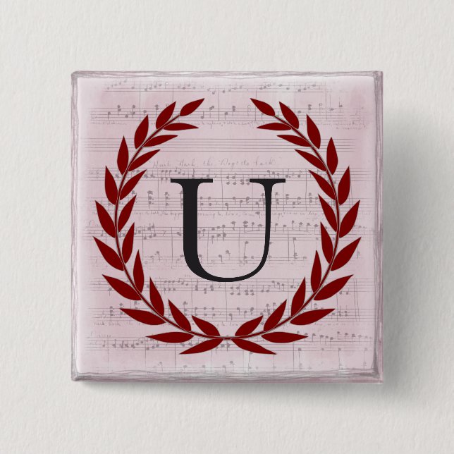 Lorbeerkranz Notenblatt Monogramm Anfangsbuchstabe Button (Vorderseite)