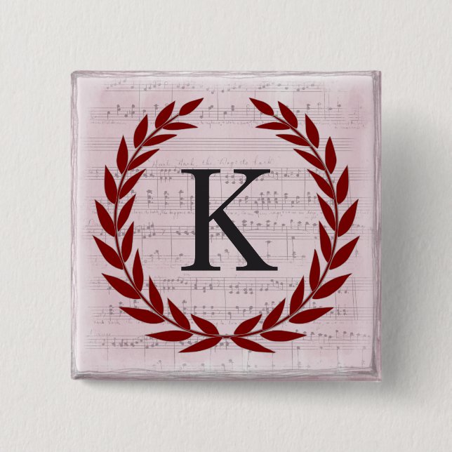 Lorbeerkranz Notenblatt Monogramm Initiale K Button (Vorderseite)