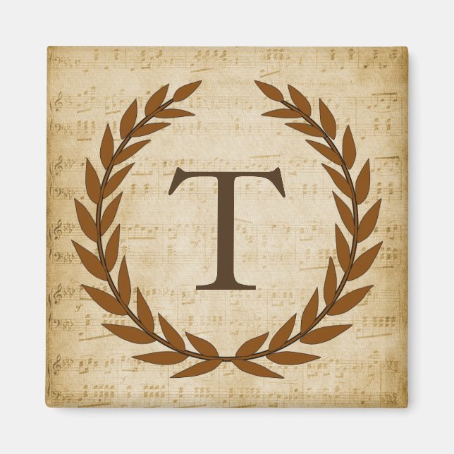 Lorbeerkranz Notenblatt Monogramm Initiale T Magnet (Vorne)