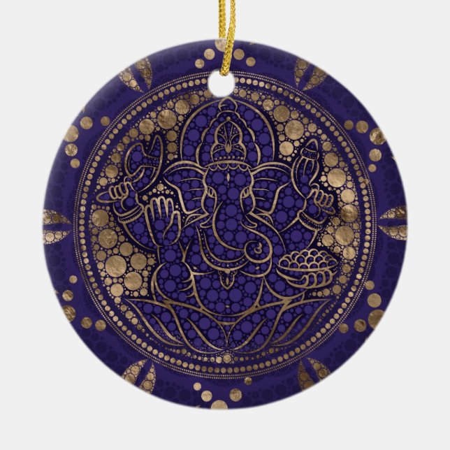 Lord Ganesha Dot Art Purys und Gold Keramik Ornament (Vorne)