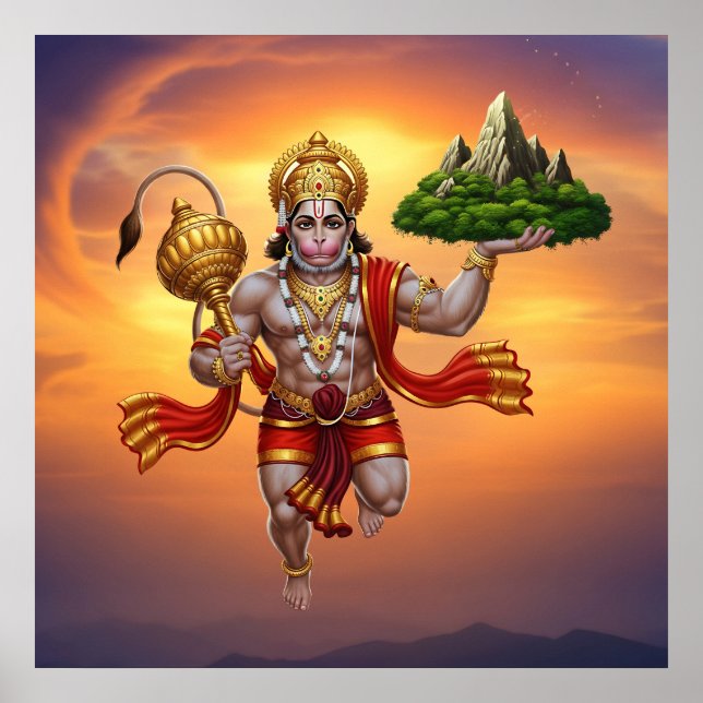 Lord Hanuman Flying Lifting Mountain Poster (Vorne)