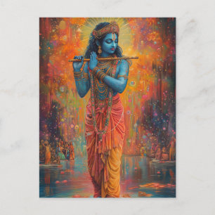 Lord Krishna spielt auf der Flöte Orange Blaue Kun Postkarte