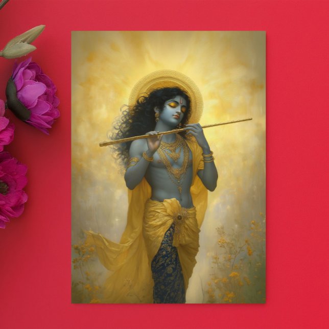 Lord Krishna spielte flute Goldene Gelbe Kunst Postkarte (Von Creator hochgeladen)