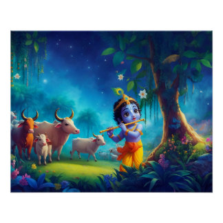 Lord Krishna Vrindavan Illustration Poster