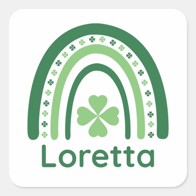 Loretta Name Clover Boho Rainbow Quadratischer Aufkleber (Vorderseite)