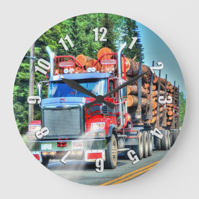 Lorry Driver's Logging Truck Wall Clock Große Wanduhr (Vorderseite)