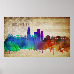 Los Angeles, CA   Watercolor City Skyline Poster