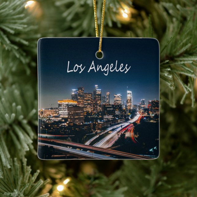 Los Angeles California City Skyline in der Nacht Keramikornament (Baum)