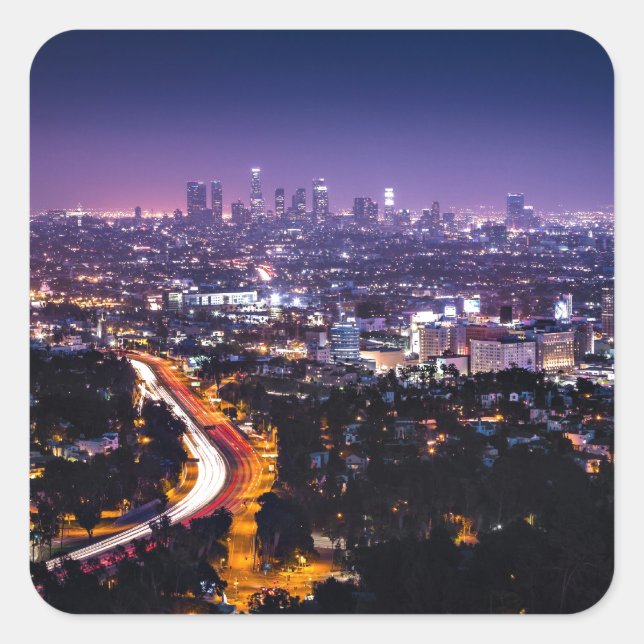 Los Angeles, California Skyline in der Nacht Quadratischer Aufkleber (Vorderseite)