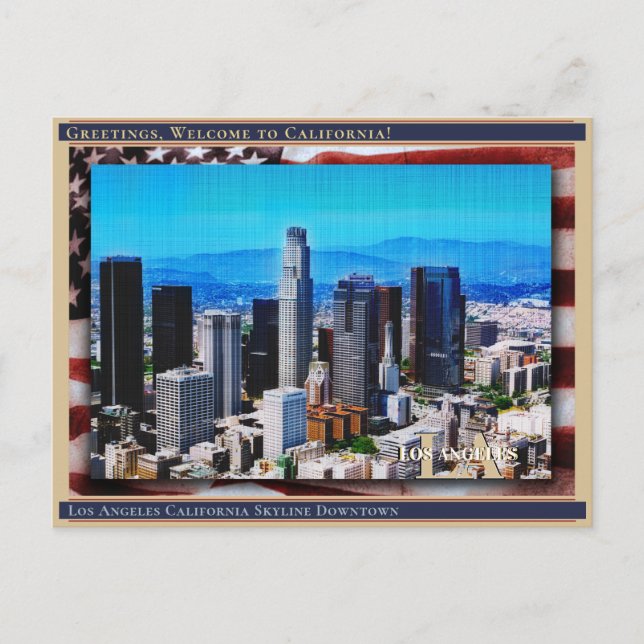 Los Angeles California Skyline Linen + Flag Postkarte (Vorderseite)