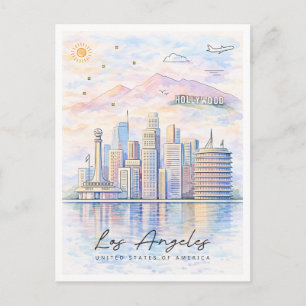 Los Angeles Skyline Aquarell   LA Reise Feiertagspostkarte