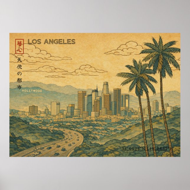 Los Angeles Skyline in japanischem Ukiyo-e-Stil Poster (Vorne)