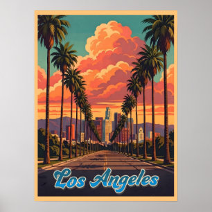 Los Angeles Skyline Sonnenuntergang Palmen Poster