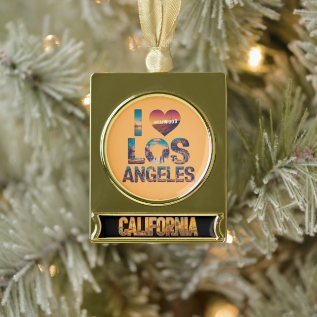 Los Angeles Skyline Sunset & Hollywood Typografie Banner-Ornament Gold (Baum)