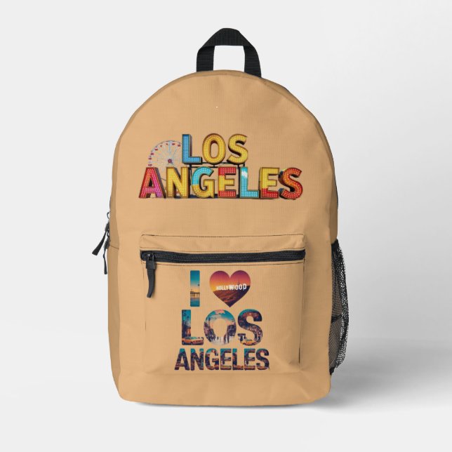 Los Angeles Skyline Sunset & Hollywood Typografie Bedruckter Rucksack (Vorderseite)
