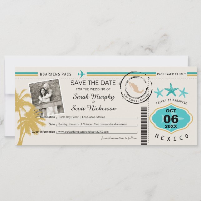 Los Cabos Mexiko Save the Date Boarding Pass (Vorderseite)