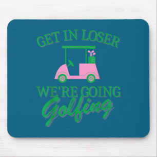 Los geht's zum Golfspielen Golfwagen süße Golferin Mousepad