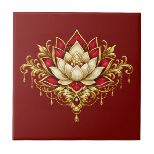 Lotosblume marine gold burgunderrot florale Wand Fliese