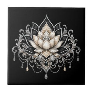 Lotosblume schwarze silberne florale botanische Wa Fliese