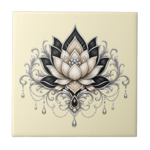 Lotosblume schwarzes silbernes florales indisches  fliese