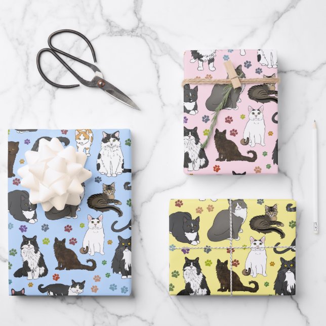 Lotsa Katzen - rosa, blau, gelb Geschenkpapier Set (Vorderseite)