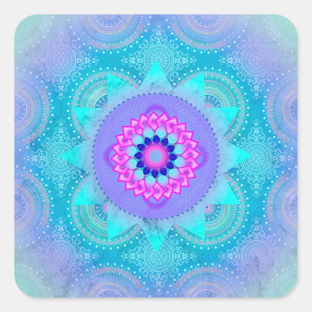 Lotus Bloom Turquoise Mandala Quadratischer Aufkleber (Vorderseite)